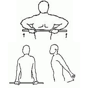 A cartoon of various deltoid exercises, first lifting a bar with both hands straight up to chest level, then holding the bar behind the back with both hand at butt level, and lifting back and up