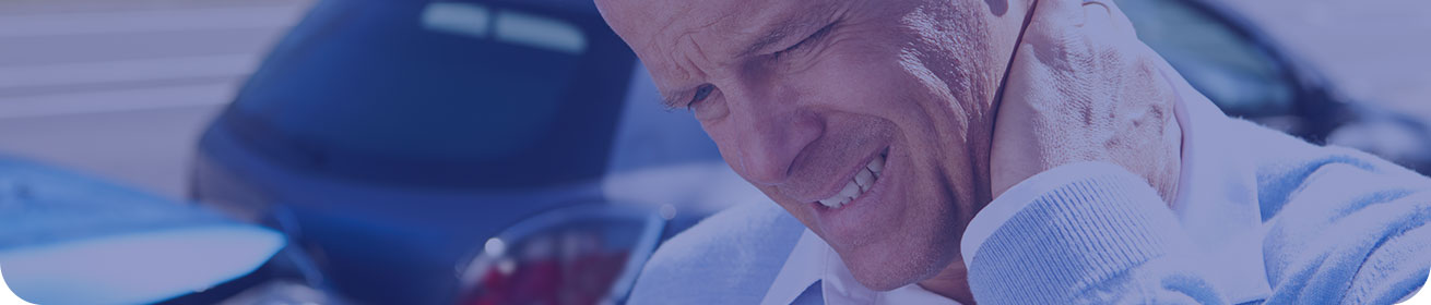 Banner image: close-up of a man clutching his neck in pain, a car accident in the background
