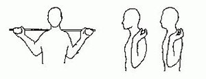 A cartoon demonstration of a standing axial extension: while holding a bar across the shoulders with both hands, tuck your chin in and down, hold, then release