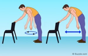 A two-part cartoon of a man bending over slightly with one hand gripping a chair, the other hand hanging down loosely. In the first image, he rotates the hanging arm in a circle, and in the second he swings the arm back and forth in a straight line.