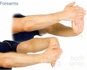 A two-part image showing forearm stretches: with arms outstretched, first use the right hand to pull the left hand back, then with the right hand pulling the left hand down, then switch hands.