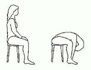 A two-part cartoon of a woman first seated upright on a stool, then bending forward with her arms stretched down towards the floor