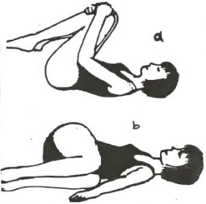 A two-part image, first with a woman lying on her back and pulling her bent legs to her chest, then with her lower body twisting to the left