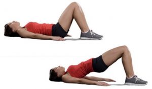 A two-part image of a woman performing a pelvic lift, first with her lying on her back, knees bent, then with her lifting her torso off the floor