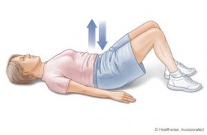 A cartoon of a woman lying on her back, knees bent, with arrows indicating an up-and-down pelvic tilt