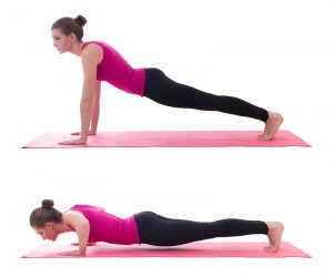 A two-part image, first with a woman performing a raised plank, then performing a lowered plank