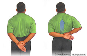 A two-part cartoon of a man with his arms behind his back, first at rest with one hand holding the other wrist, then with the gripping hand pulling the other arm upwards