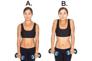 A two-part image of a woman holding dumbells, first with relaxed shoulders, then with her shoulders pulled up towards her ears