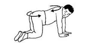 Cartoon of man on his hands and knees, twisting his upper body and his hips in towards each other
