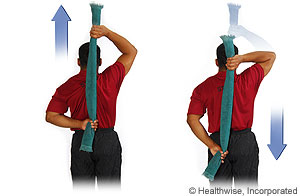 A two-part image of man grasping a towel behind his back with both hands, first pulling it up and then pulling it down