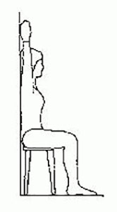 Cartoon drawing of a woman sitting on a stool with her back against the wall and arms raised up